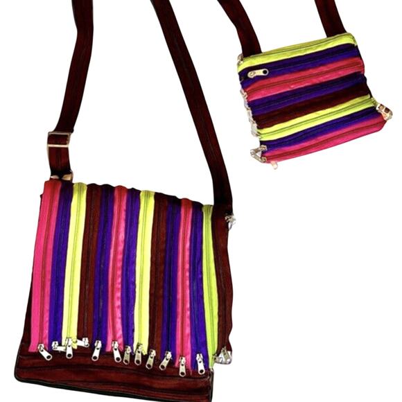 Set of 2 Crossbody Shoulder Bags Colorful Zipper Purse Hippie Boho Festival Pink - Picture 1 of 12